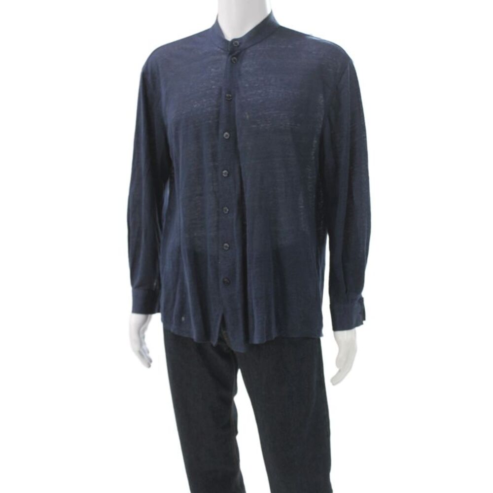 Armani Collezioni Mens Linen High Neck Button Up Top Long Sleeve Blue Size S